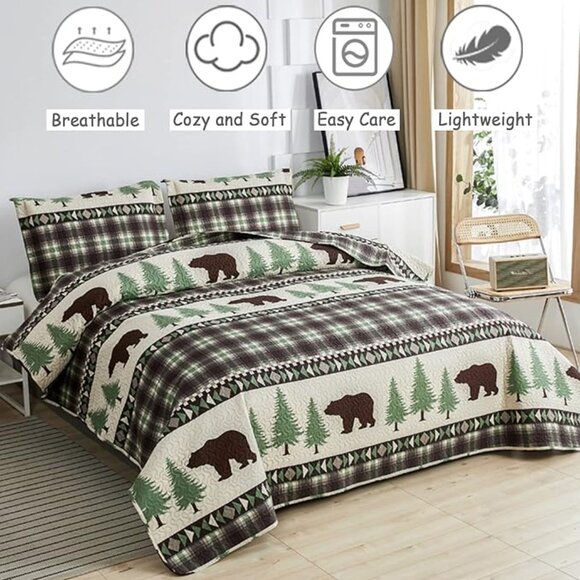 NEW Quilts Queen Size, 3Pcs Rustic Cabin Bedspread Coverlet Set Bear Green Pines - Picture 3 of 8